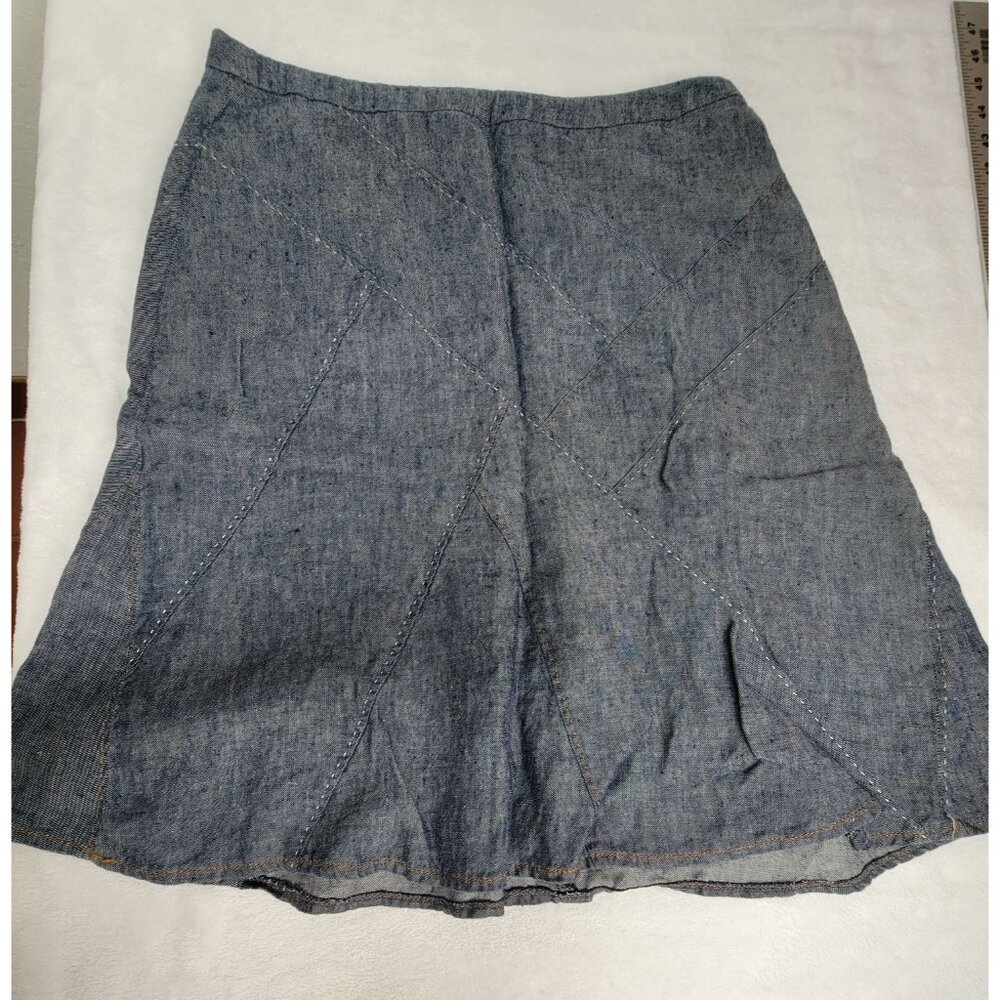 CAbi Style #930 Womens Blue Linen Skirt Flared Topstitch Patchwork A-Line Size 6